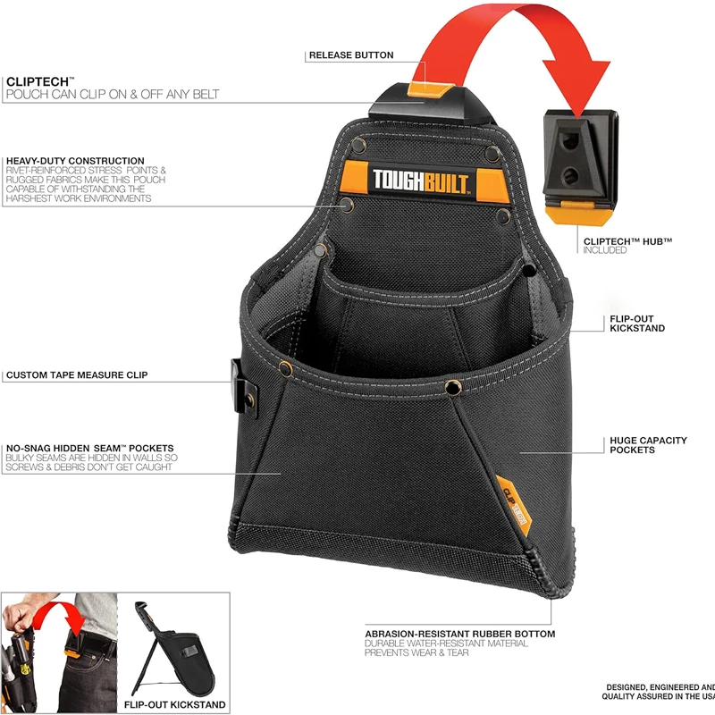 TOUGHBUILT TB-CT-05 Supply Pouch With Clip Easy Access Multi Pocket Large Storage Durable Strong Tool Bag