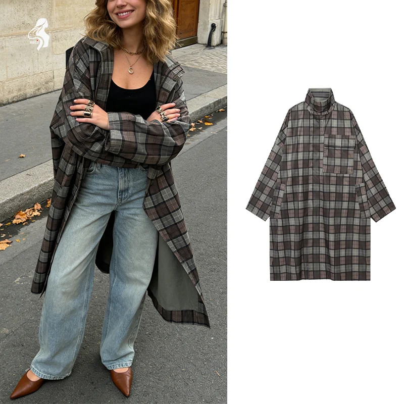 

Women's loose plaid trench coat, high-neck long-sleeve checkered jacket, multi-pocket street fashion coat