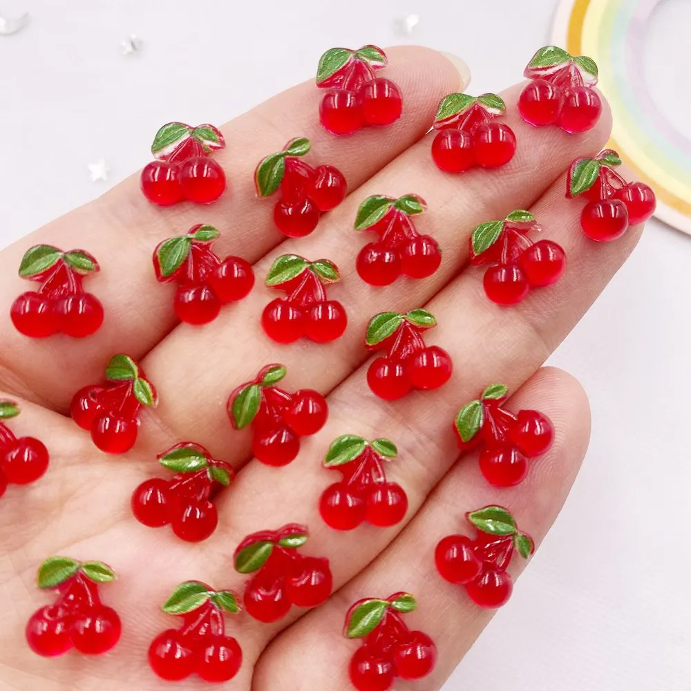 50pcs Resin Mini Glitter Red Cherry Art Nails Flatback Rhinestone Appliques DIY fruit Scrapbook Decor Jewelry Accessories Crafts