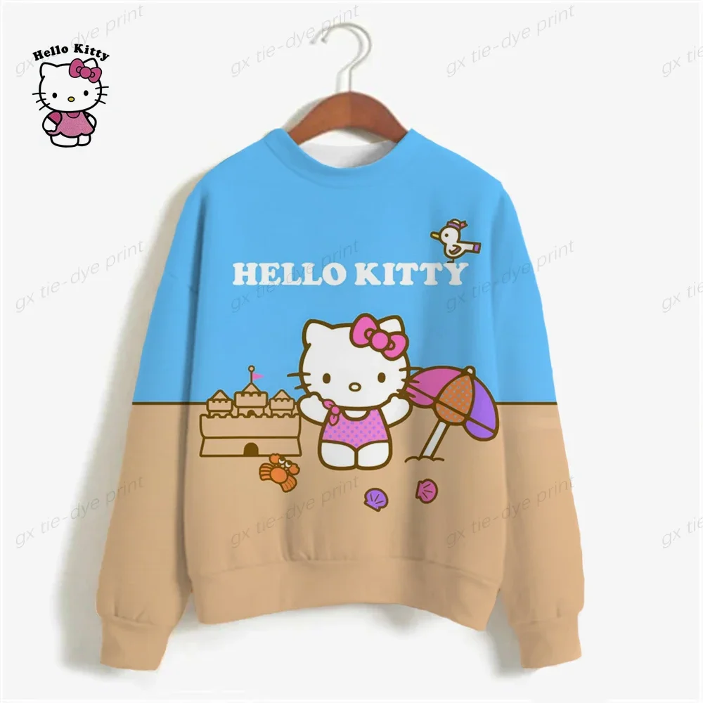 Casual HELLO KITTY Print Sweatshirt Women Fashion Cartoon Long Sleeve Loose Hoodies Y2k Streetwear 2024 Autumn Lady Pullovers