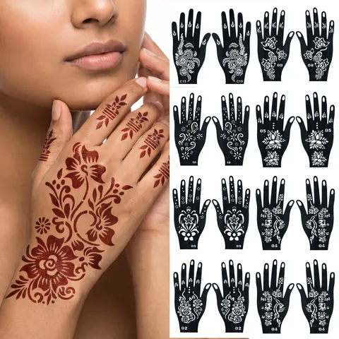 Pattern Tattoo Stencils for Women Hollow Henna Flower Tattoo Stencils for Hand Fingers Reusable Tattoo Templates Tattoo Tools