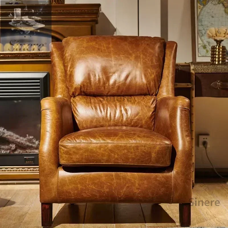 

Medieval classic American leather tiger chair retro oil wax leather high back single sofa chair cigar room leisure chair