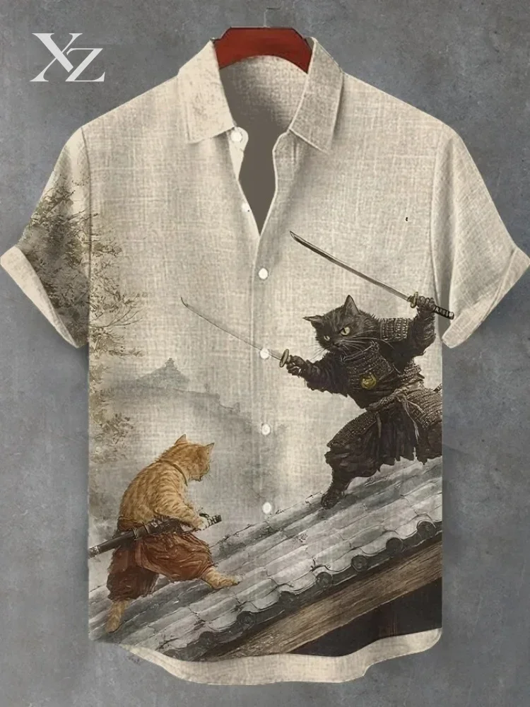 Men's Retro Short Sleeve Shirt Japanese Budo Samurai Cat Art Print Vintage Chic Lapel Collar Blouse 2025