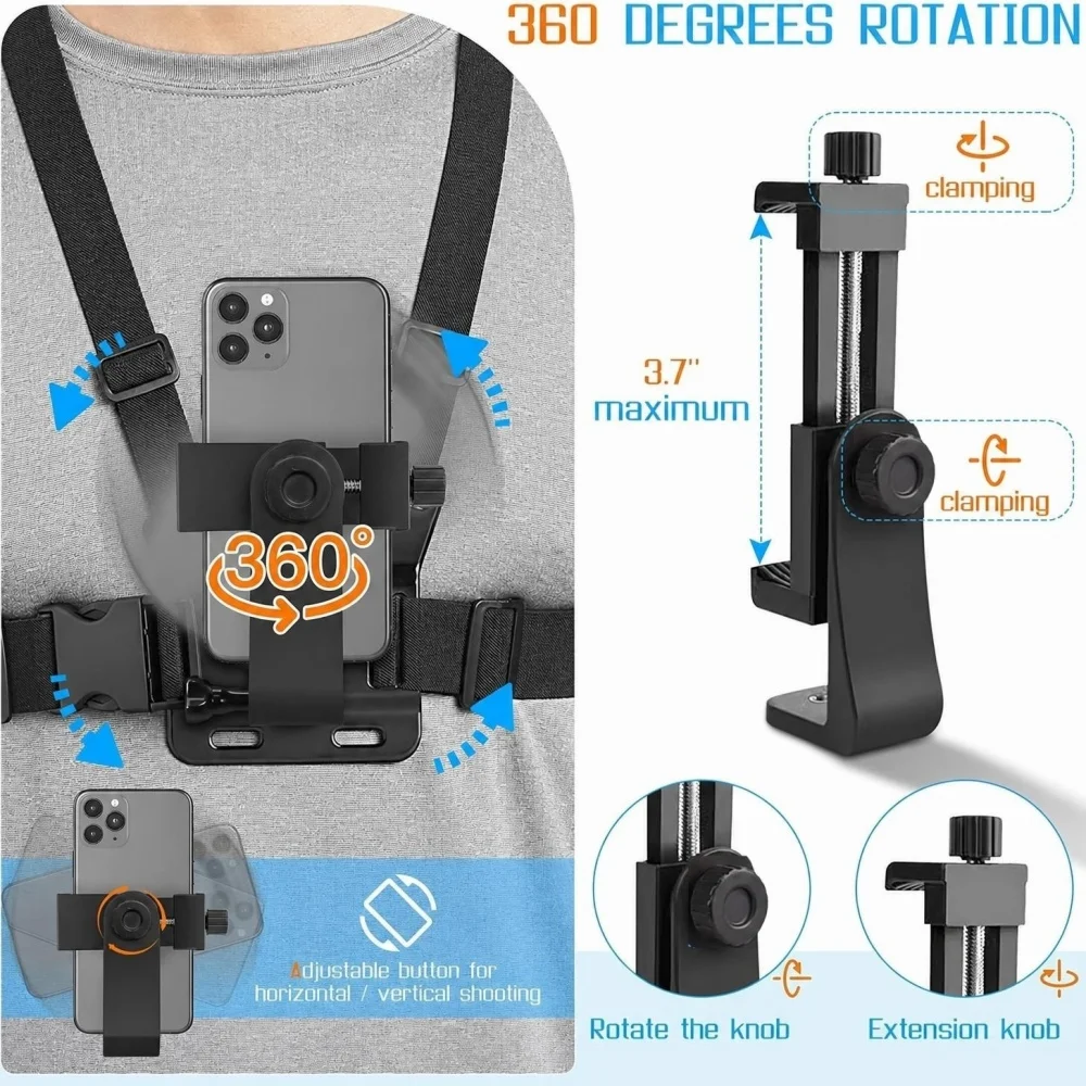 1 PC Adjustable Phone Clip Holder With Chest Strap Fixation Bracket for Sport Camera Mobile Phone Camera Black Holder Accessory