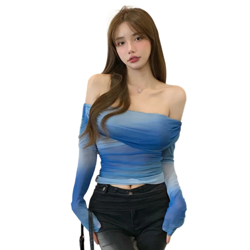 Women Sexy Crop T-shirts Ruffles Mesh Patchwork Long Sleeve Tops Korean Style Slim Blouse Top Lady Autumn Off Shoulder Tops