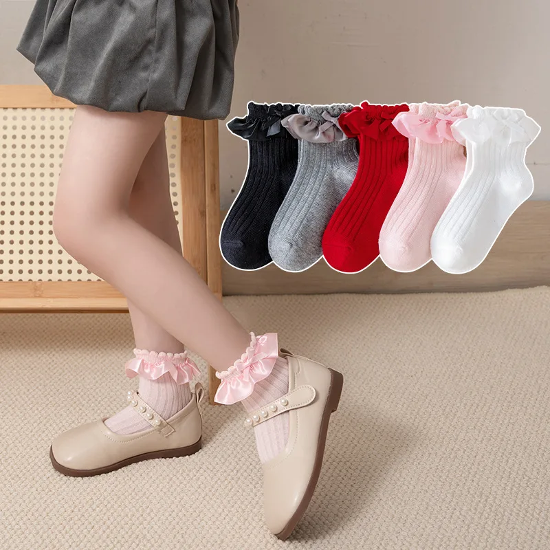 5 Pairs/lot Baby Girls Toddlers Soft Cotton Socks Lace Children School Uniform Socks For 1 to 12 Years