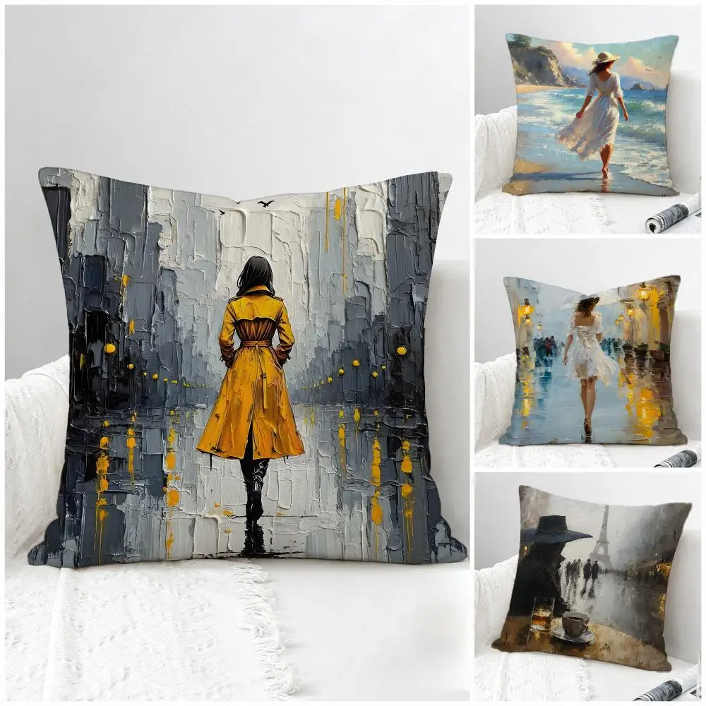 Art Surreal City Girl Oil Painting Cushion Cover Natural Linen Pillowcase Set, All-in-One Decor for Sofa, Bedroom & Chair