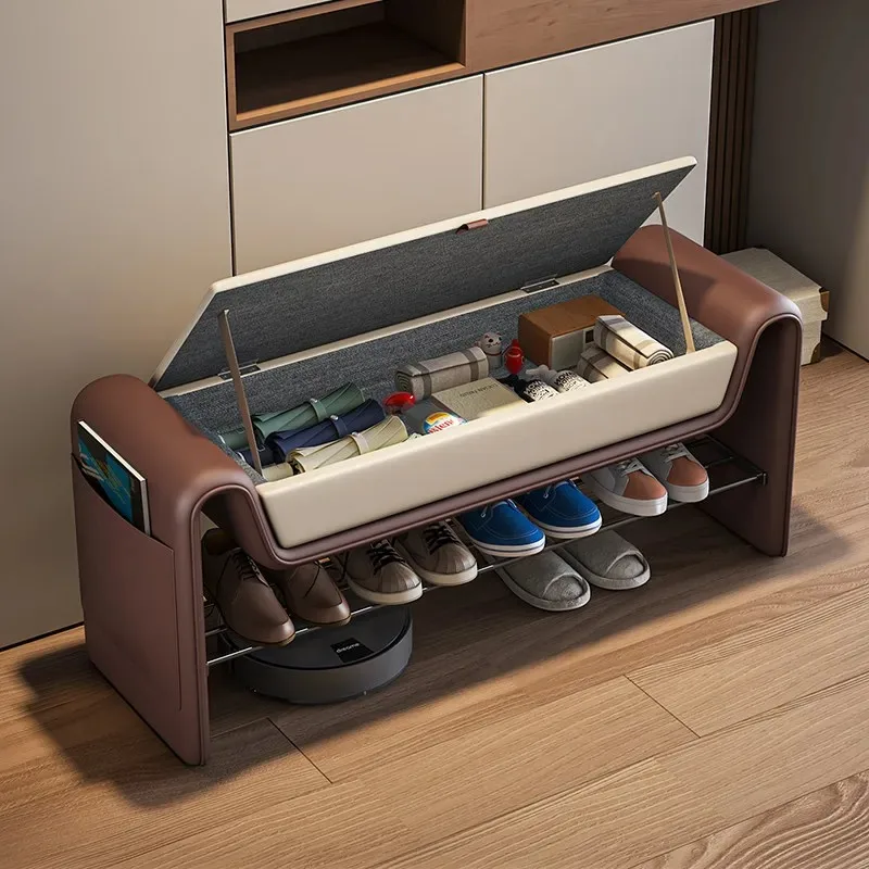 Modern Leather Storage Bench Entrance Shoe Bench with Seat for Hallway, Adjustable Shoe Rack Cabinet Organizer for Home Entryway