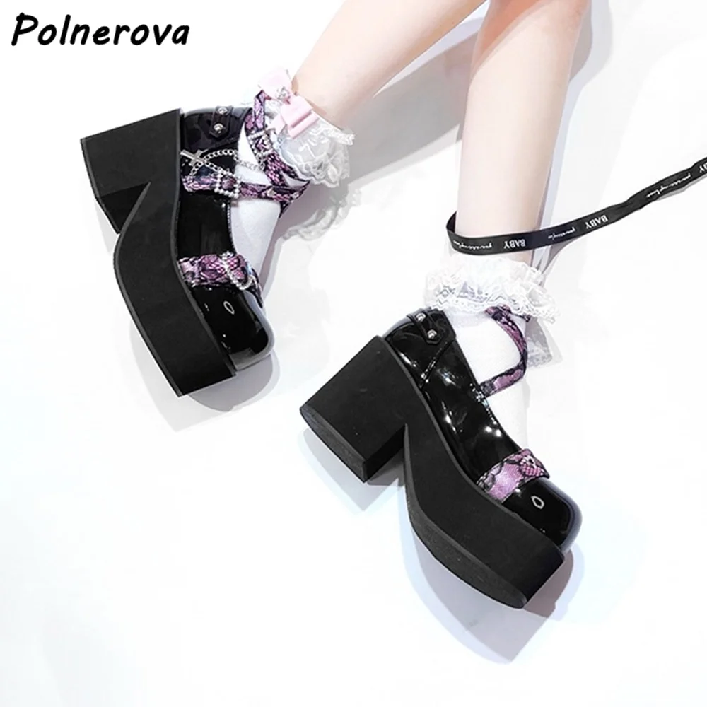 

Crystal Heart Buckle Platform Pumps Round Toe Chunky Heels Lolita Lovely Shoes Sweet Leather Women's Fashion Ankle Band Shoes