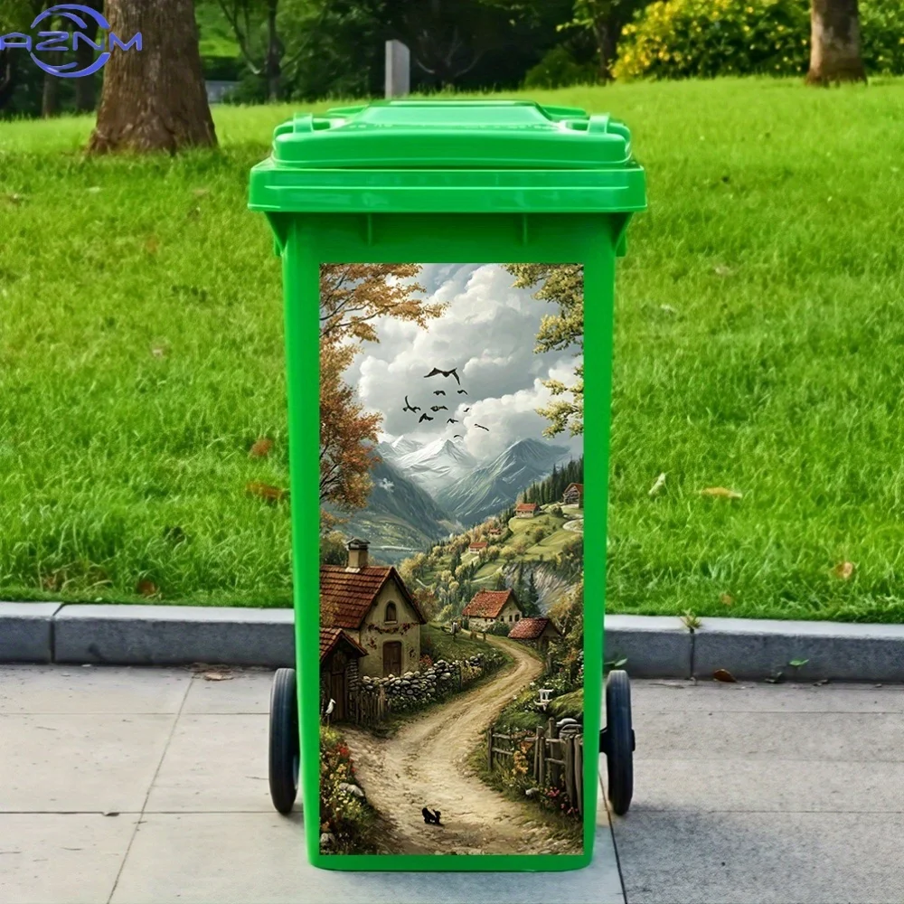 A Digital Painting Theme of a Country Road, Featuring a Sticker for a Trash Can, Made of Self-Adhesive PVC, Waterproof for Out