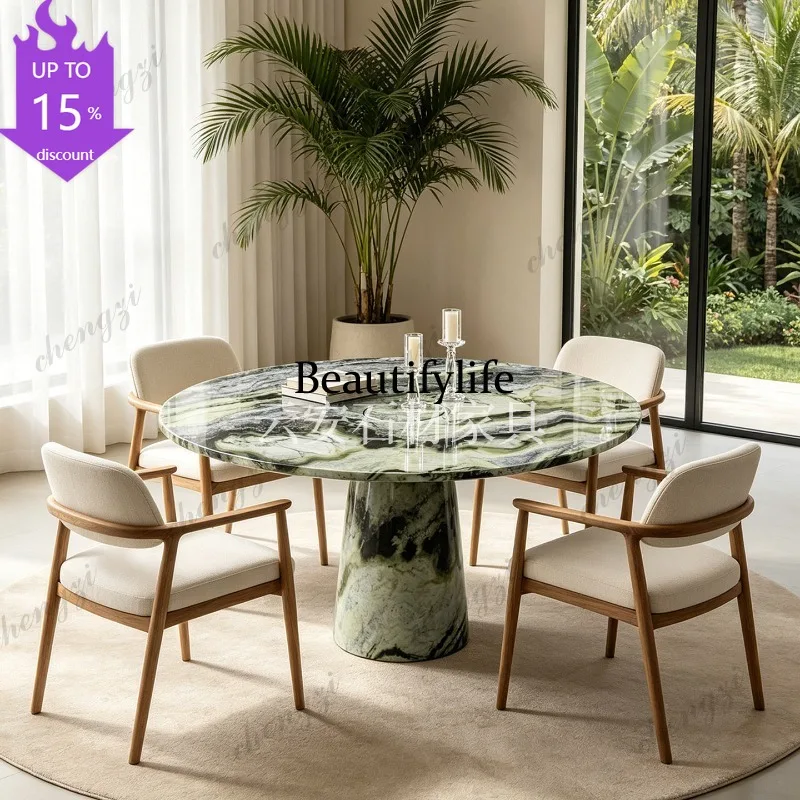 EE182 Nordic Light Luxury High-End Natural Green Marble Round Dining Table Villa B&B Negotiation Table