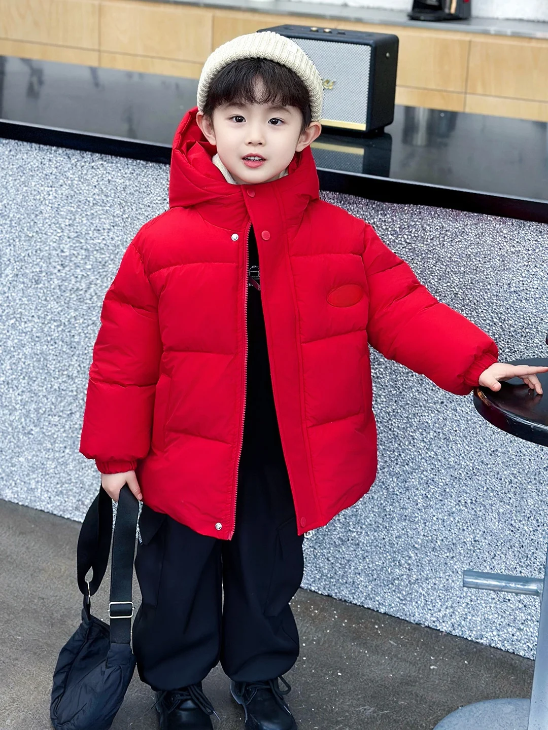 

Thiened Cotton Jaet for Boys New Year Visiting Clothes with Hat Red Faionable Children's Winter Coat Stand Fit