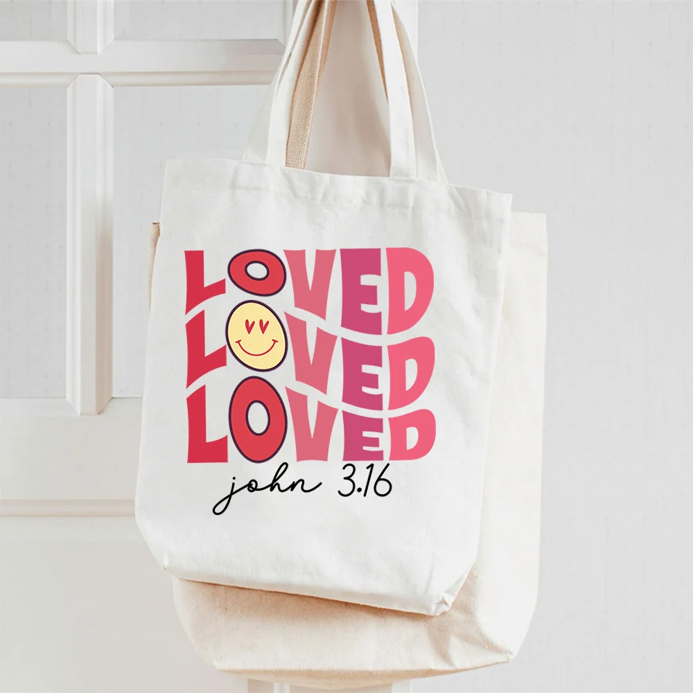 

"Love" & Heart Valentine's Day Print Tote in White - Canvas Reusable Shopping Bag, Spacious Multipurpose Daily Handbag