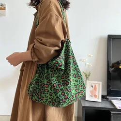 Women's Corduroy Shoulder Crossbody Bag Green Leopard Print Cloth Large Capacity Handbag Casual Travel Shopping Totes