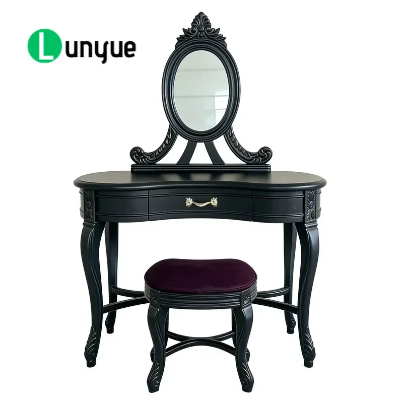 Vintage Curved Black Dresser with Mirror Large Storage Capacity Wooden Makeup Vanity Table for Bedroom Living Room Home Decor