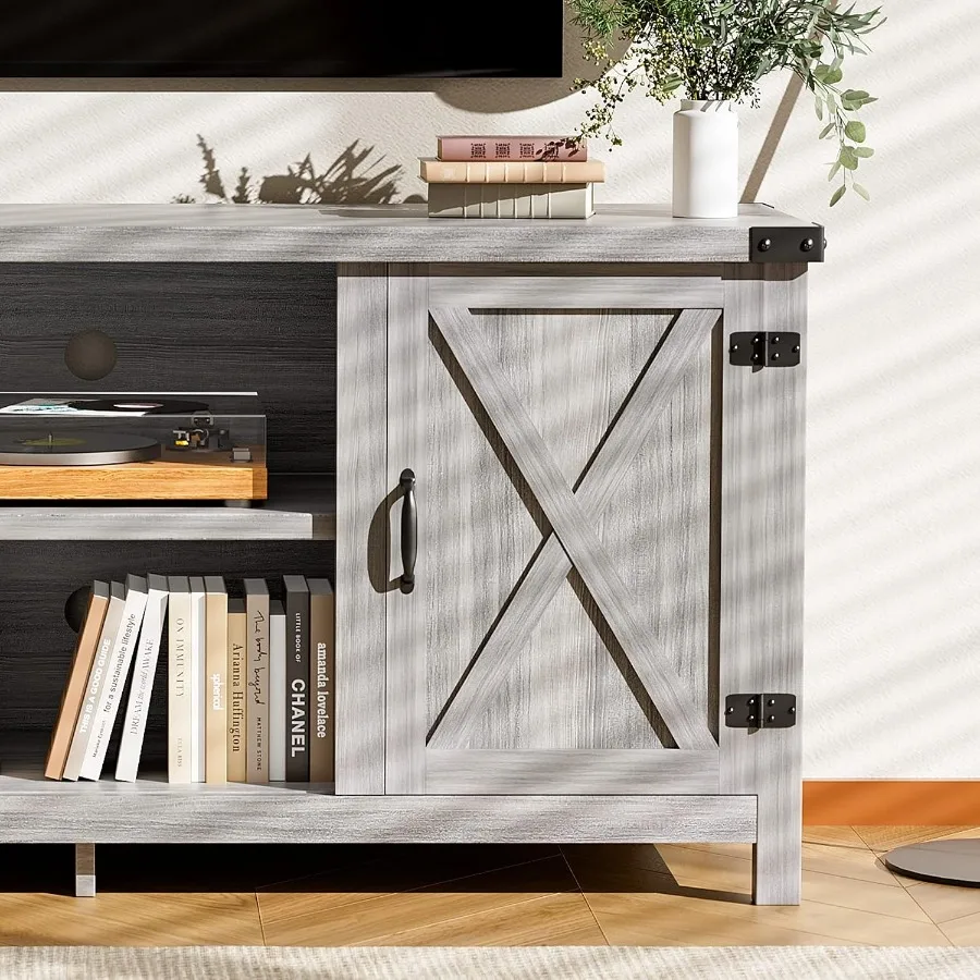 65 Inch TV Farmhouse TV Stand with Double Barn Doors Grey