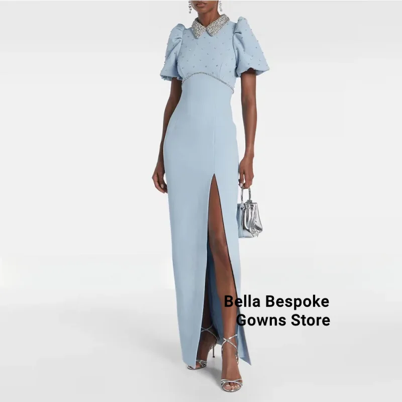 

Современное небесно-голубое вечернее платье для свадьбы, официальное платье русалки длиной до пола, с короткими рукавами и бисером, Саудовское платье