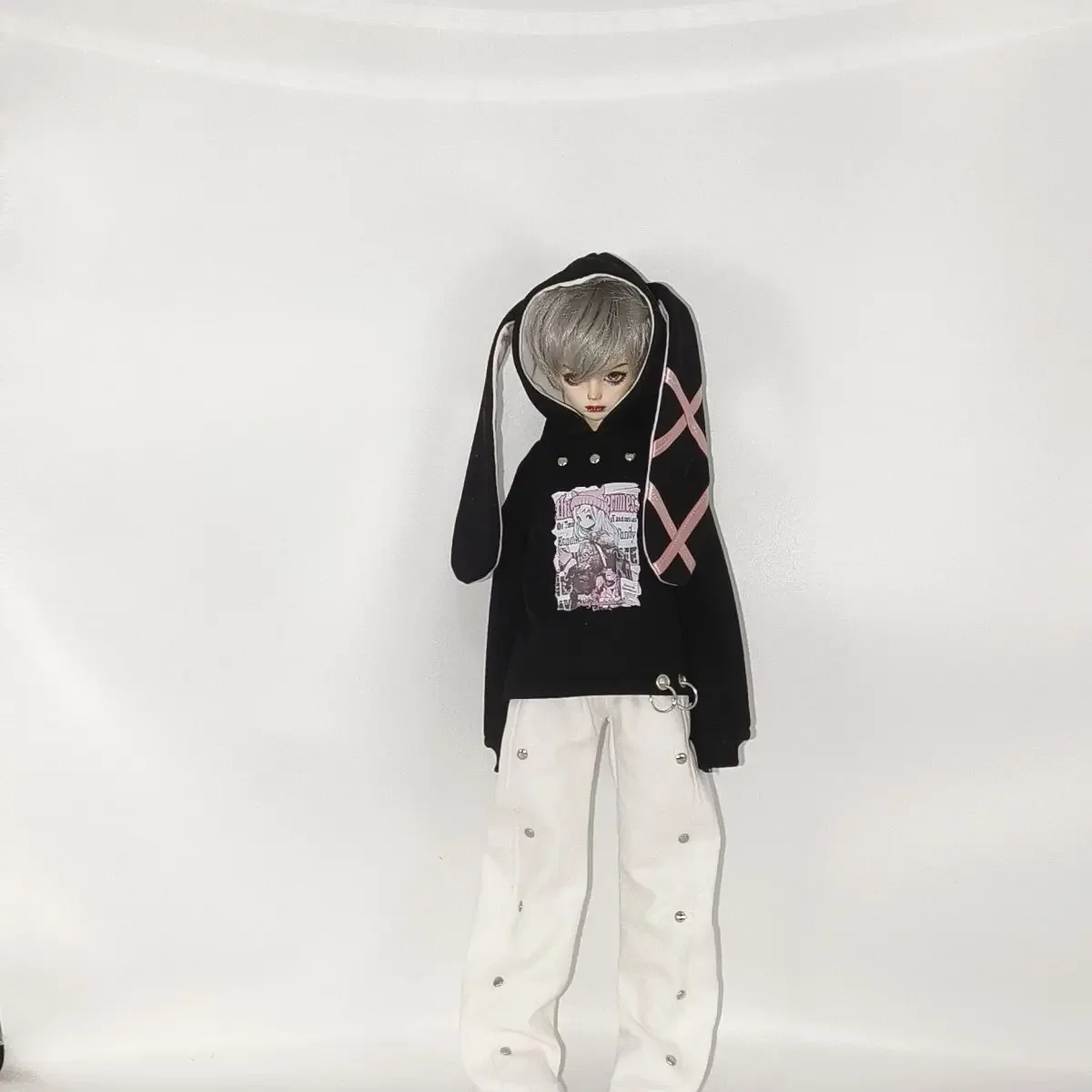 1/4 Doll's Clothes Suit for 45cm Bjd Doll Play House Toys Rabbit Ear Hoodie with Pants Set Dress Up Doll Accessories, No Doll