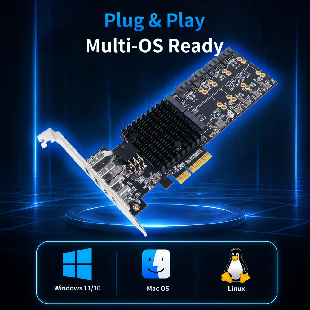 Karta adaptera Lekuo SouthBridge Max bez rozgałęzienia PCIe 4.0 do 4 M.2 NVMe SSD, 4 SATA 6G, 20G USB-C, rozszerzenie Riser dla PC NAS — zdjęcie produktu 6