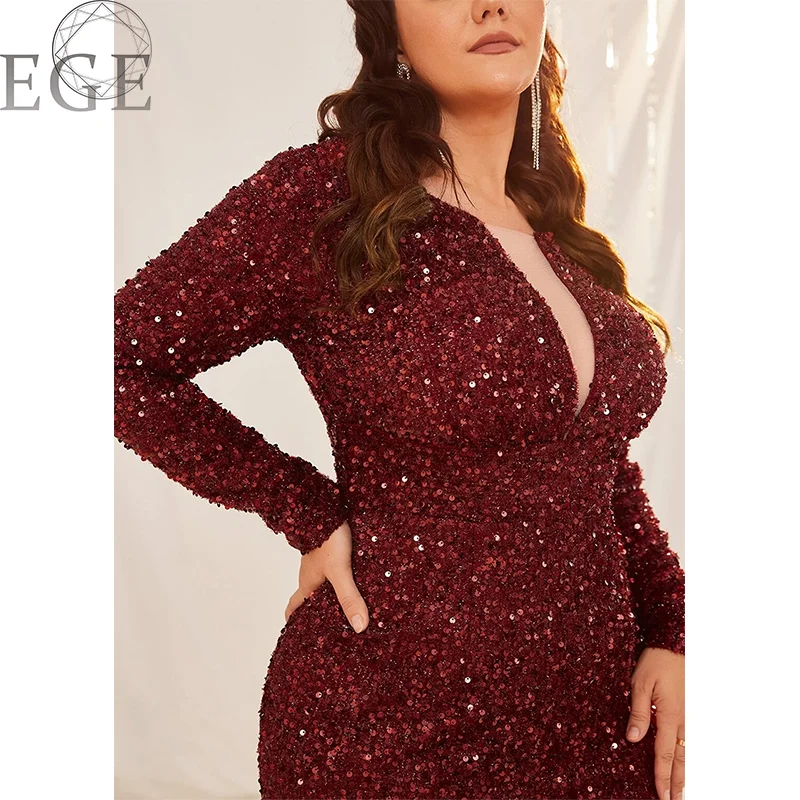 Plus Size Sequins V Neck Long Sleeves Luxury 4XL 5XL Maxi Dress Wedding Banquet Party Mermaid Ladies Plus Size Dresses 2024