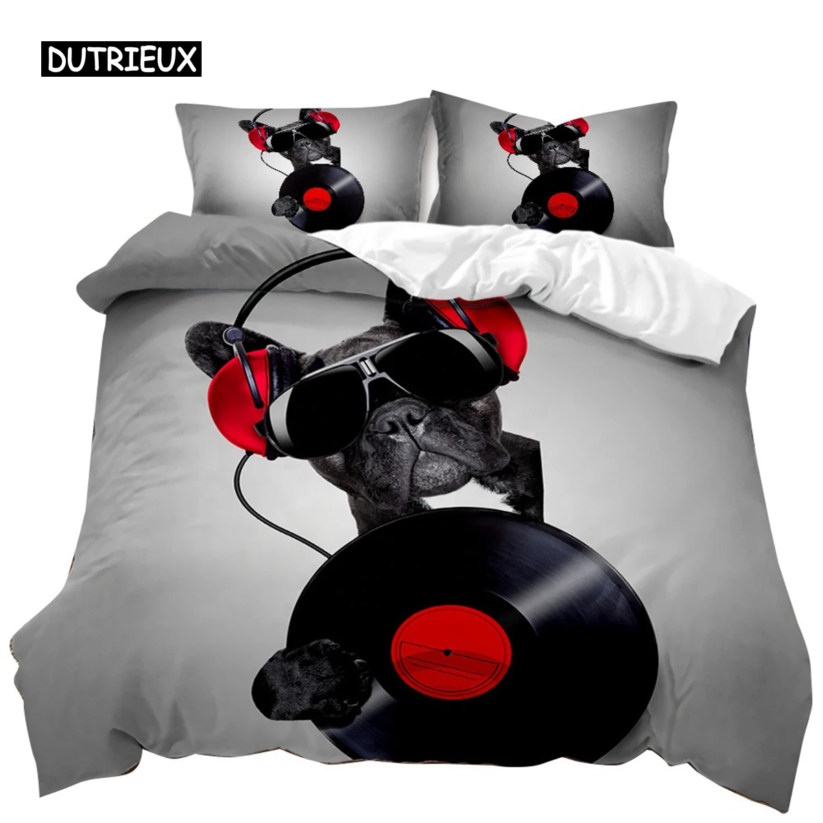 

Dog Duvet Cover Set French Bulldogs Bedding Set for Kids Teen Twin Size Black Music Puppy Pet Doggy Animal Polyester Quilt Cover