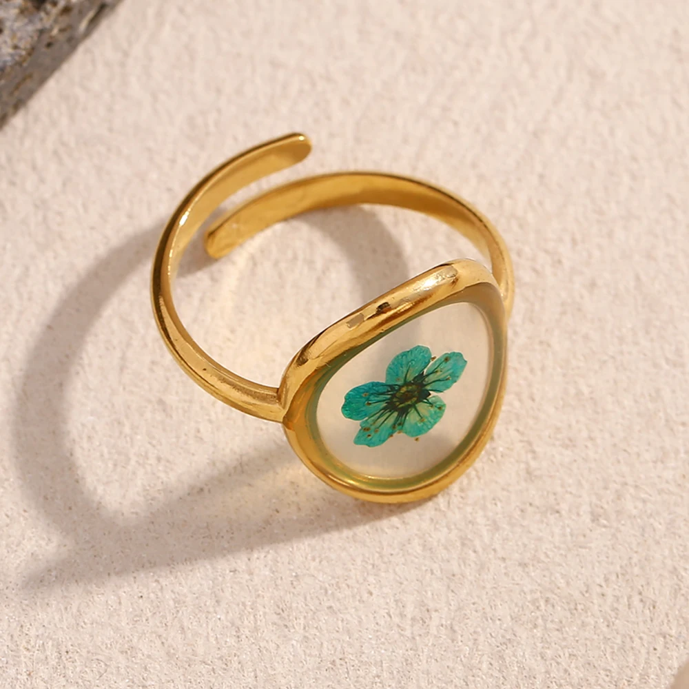E.B.bellle Romantic Green Color Dried Flower Adjustabe Ring PVD Plated Stainless Steel Fashon Party Hypoallergenic Metal Jewelry