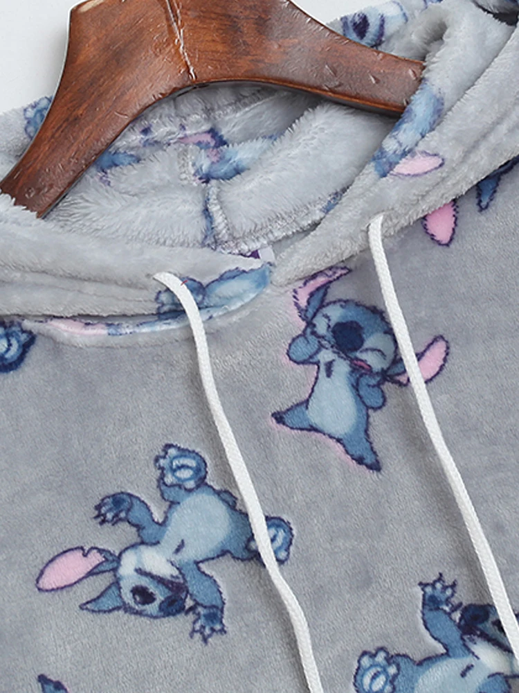 Disney Fleece Hoodies Sweatshirt Fashion Stitch Little Monster Cartoon Print Women Long Sleeve Hooded Flannel Warm Jumper Tops