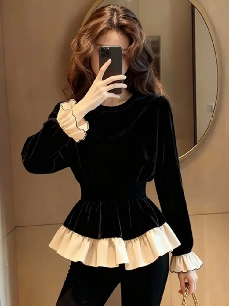 

Ele Velvet Top Women's Autumn Winter Design Sensation Smoed Waist Hide Belly Blouse Floral Lace Trim Patchwork irt