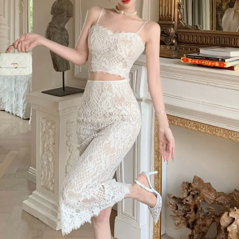 White Lace Vintage Chic Cropped Tops + High Waisted Skirts Women Two Piece Sets Hook Flower Hollow Elegant Party Skirt Set Party