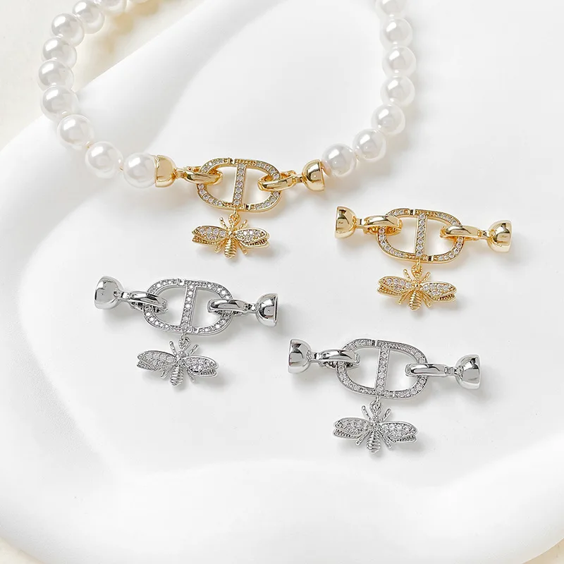 1pc Copper Plated Gold Inlaid Zircon Japanese Bee Pendant Pearl Buckle Diy Bracelet Necklace Beaded Jewelry Accessorie Wholesale