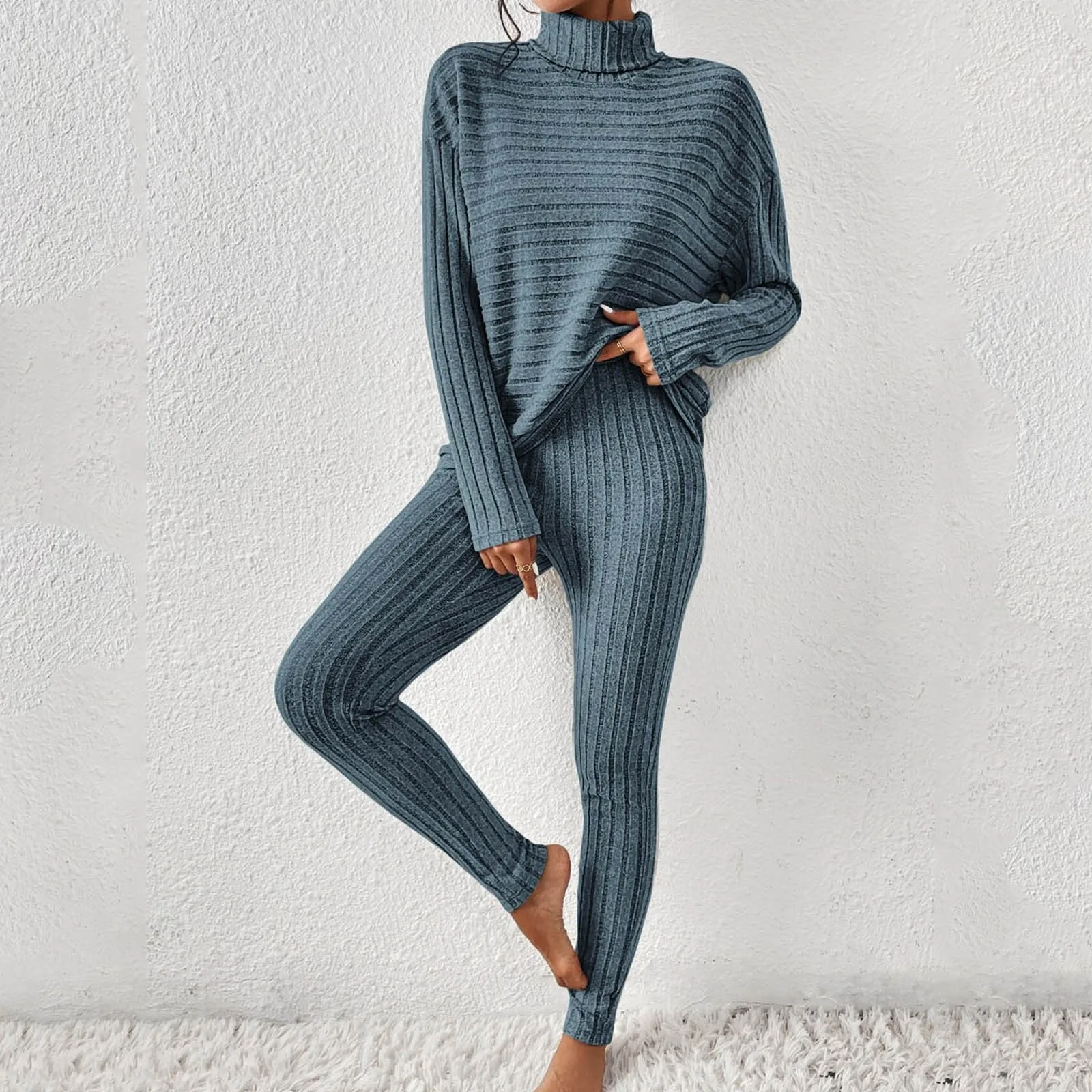 Women\'S Two Piece Knit Outfits Turtleneck Sweater Top And Pants Tracksuit Sets Winter Long Sleeve Solid Slim Fit Lady Suit Set