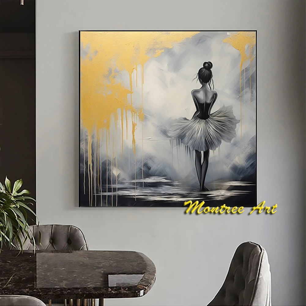 Hand Painted Oil Painting Abstract Beautiful Girl Oil Painting Original Dancer Art Gray Decor Custom Painting Living Room Decor