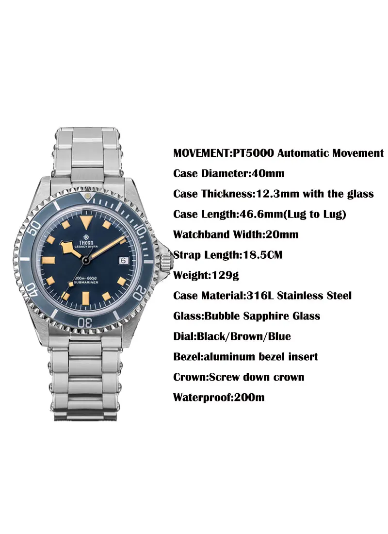 Thorn Men's Vintage Diver Watch V2 T023 40mm Blue Dial Sapphire Glass Aluminum Bezel PT5000 Automatic Movement 20Bar Waterproof