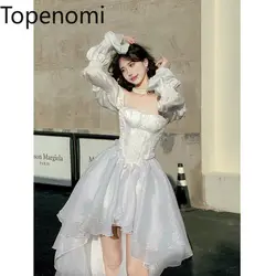 Topenomi Fashion Long Sleeve Splicing Mesh Princess Party Dress Boat Neck Waist Ruffles Prom Ball Gowns Sweet Evening Dresses