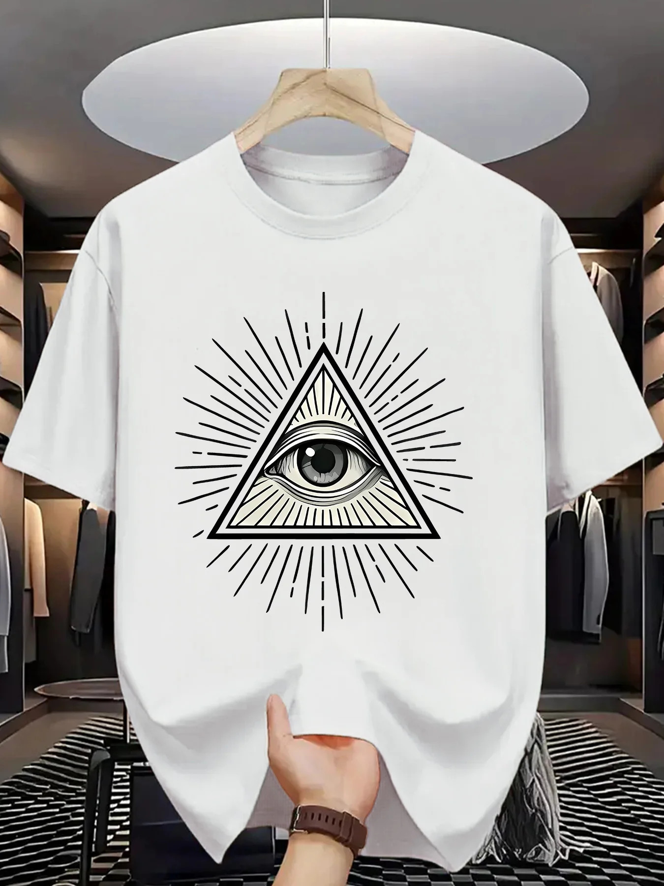 Mystery Symbol Men Short Sleeve Tshirt Triangle All Seeing Eye Ray Print O Neck Tee Occult Vintage Male Casual Fashion Tops