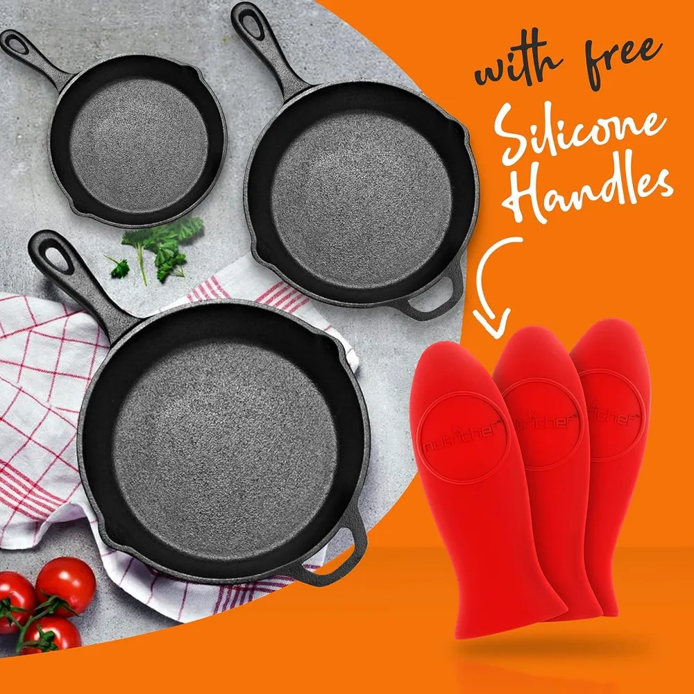 3-Piece Cast Iron Nonstick Skillet Set with Silicone Handles and Drip Spout, Suitable for All Cooktops