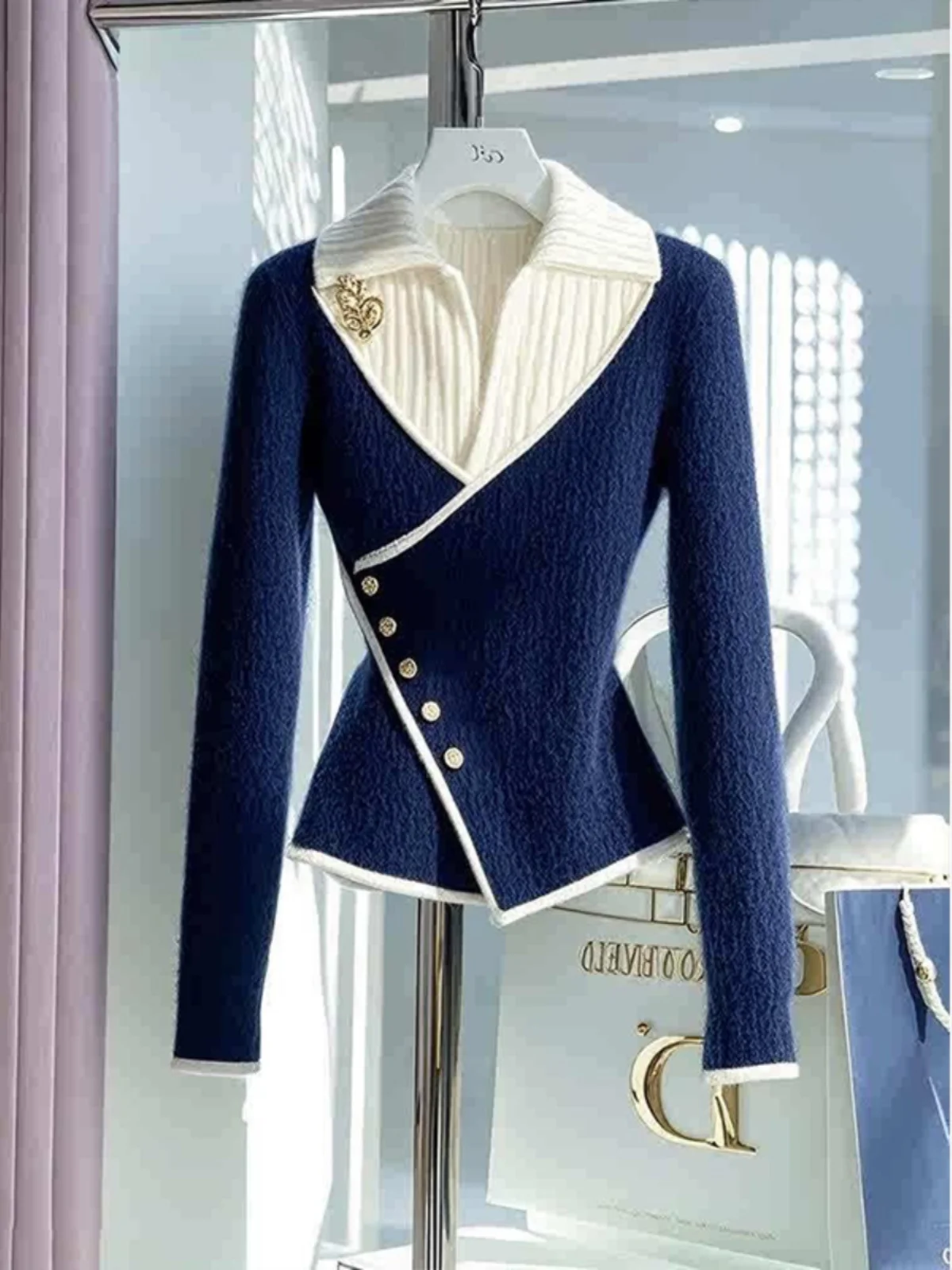 Thickened Blue Knitted Sweater Women's Fashionable Inner Wear Unique Waist-Cinching Design Premium Quality Autumn Winter Style