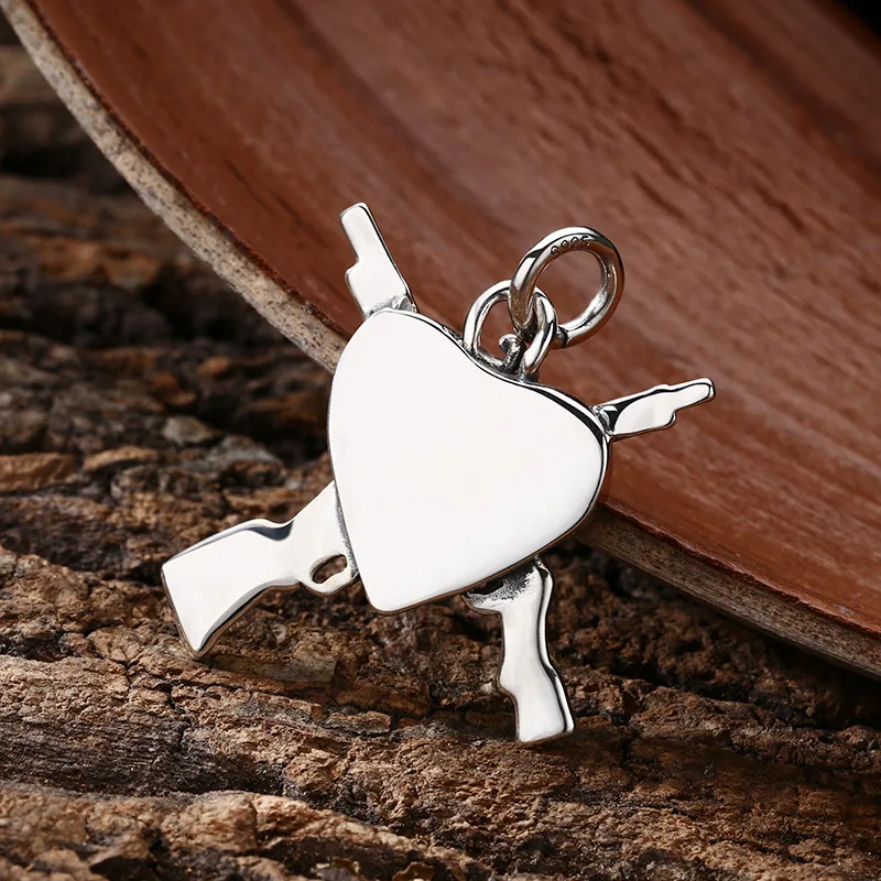 925 Sterling Silver Gun Crossed Heart Pendant - Antique Finish Hip Hop Gothic Punk Jewelry Gift