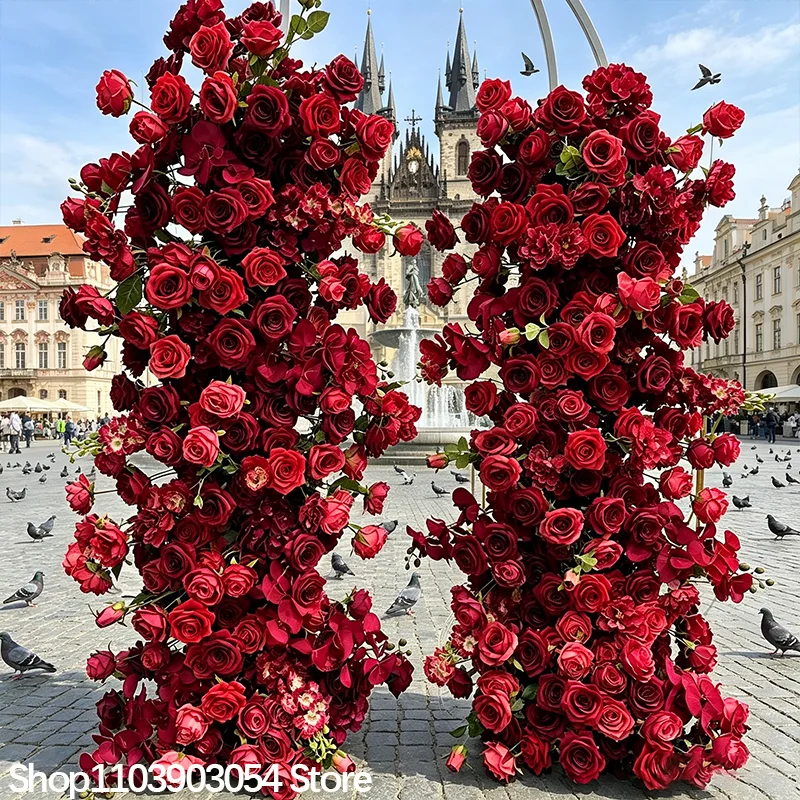 Rote Rosenblumenreihe, künstliches Blumenpaneel, stilvolles Deko-Accessoire, ideal für Hochzeitskulissen, Bühnen, Feiertagspartys und Event-Layouts. – Detail 5