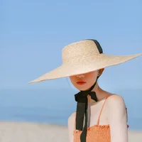 Summer Big Natural Wheat Straw Hats For Women Handmad Wide Brim Beach Visor Caps Elegant Flat Top Long Ribbon Lace-Up Sun Hat - Image 4