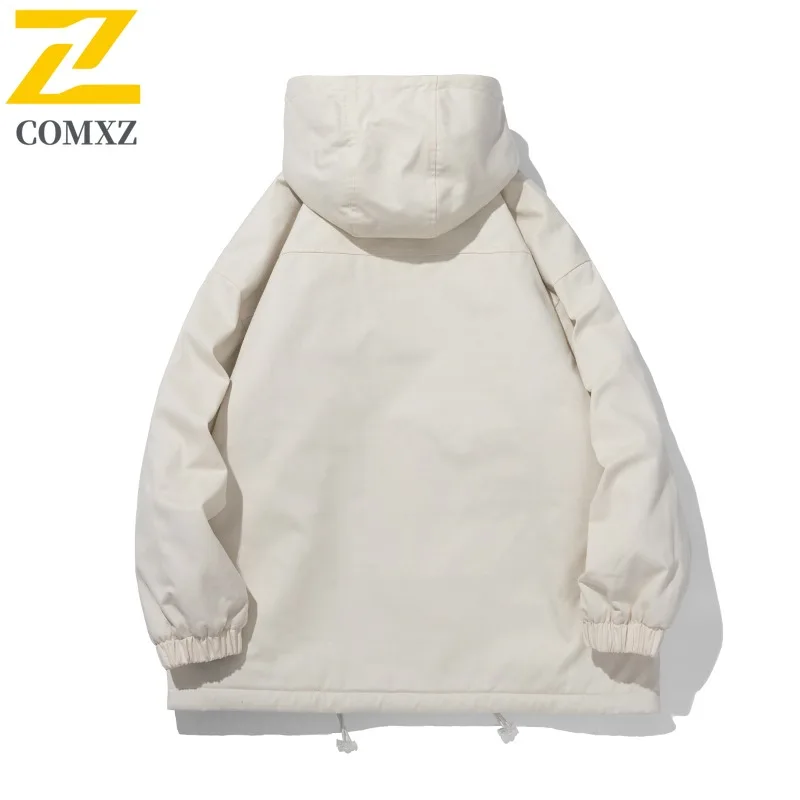 COMXZ 2025 Autumn Winter Sherpa Stand Collar Cotton Jacket Waterproof Windproof Solid Color Warm Unisex Loose Fit Fashion Coat