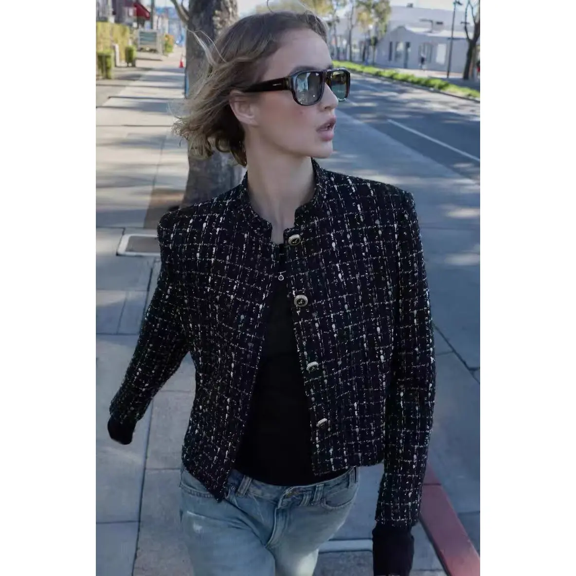 Fashionable High Collar Color Block Texture Suit Jacket Women's Standard Fit Long Sleeve Polyester Fiber Button Closure Coat
