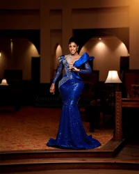 Glitter Sequins Mermaid Prom Dress For Black Girl Luxury Beaded Crystals Evening Party Gowns Long Sleeves robes de soirée