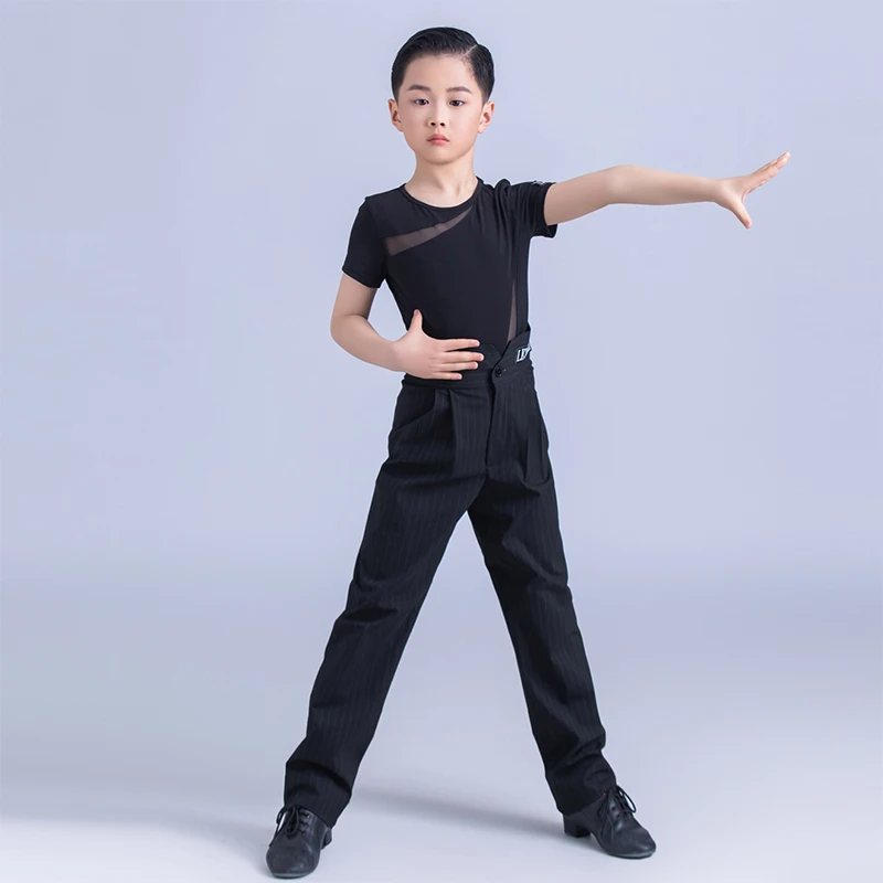 

CChildren Latin Dance Costume Boys Black Short Sleeves Dance Tops Straight Through Pants Set Standard Competition Uniform XH2958