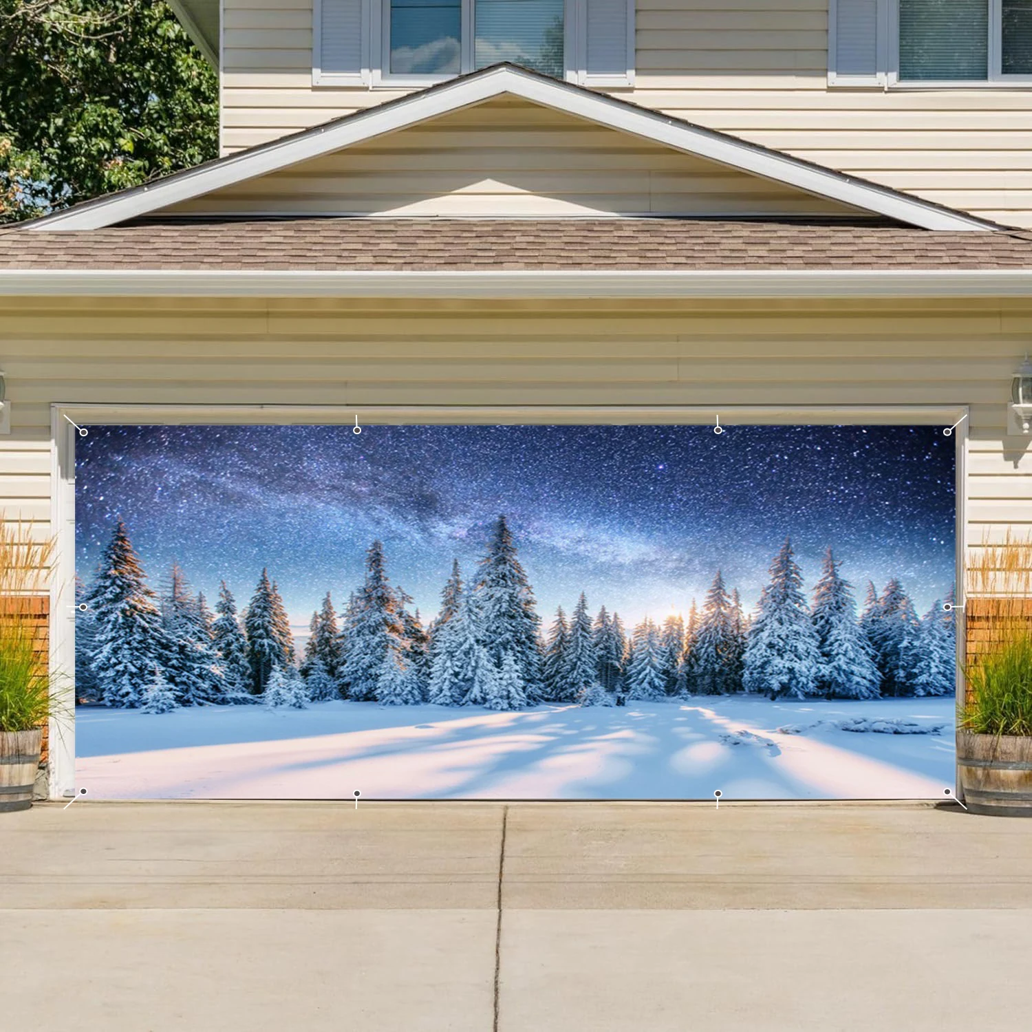 Winter Snow Forest Garage Door Decor Background White Xmas Trees Wintry Scene Ice and Snow World Backdrop Party Decor Banner