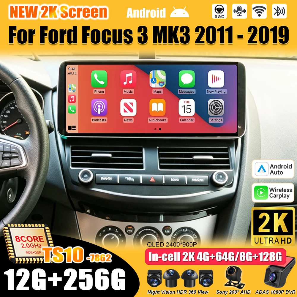 12.3 inch Android 16 For Ford Focus 3 MK3 2011-2019 Car Radio Stereo Head Unit Multimedia Video Player GPS Navigation 2K QLED 5G