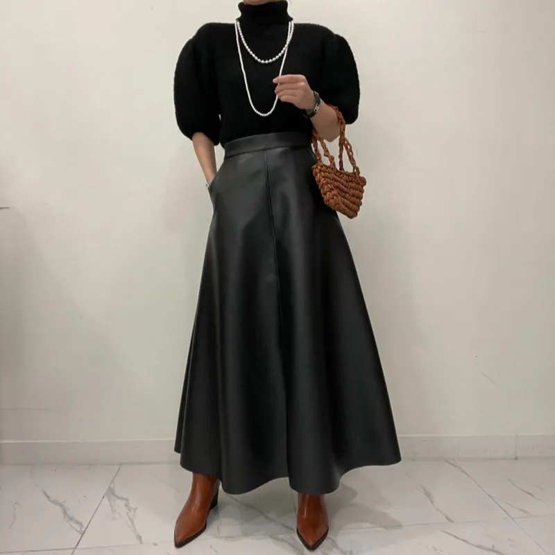 Retro High Waist Slimming PU Half Skirt Commute Style with Pockets Standard Fit mid Length A-Line Pure Color Everyday Wear