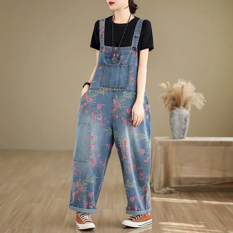 

Jumpsuits Women Straight Pants Loose Overalls Korean Style Vintage Playsuits Casual Denim Floral Printed Trousers Women Clothes