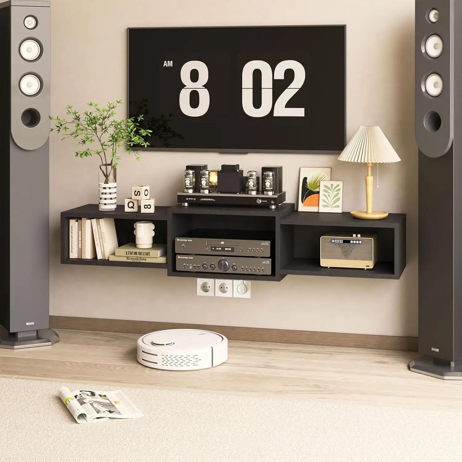 

Floating Tv Stand Wall Mounted With Power Outlet,Modern Wood Wall Mounted Media Console Shelf,Floating Entertainment Center For