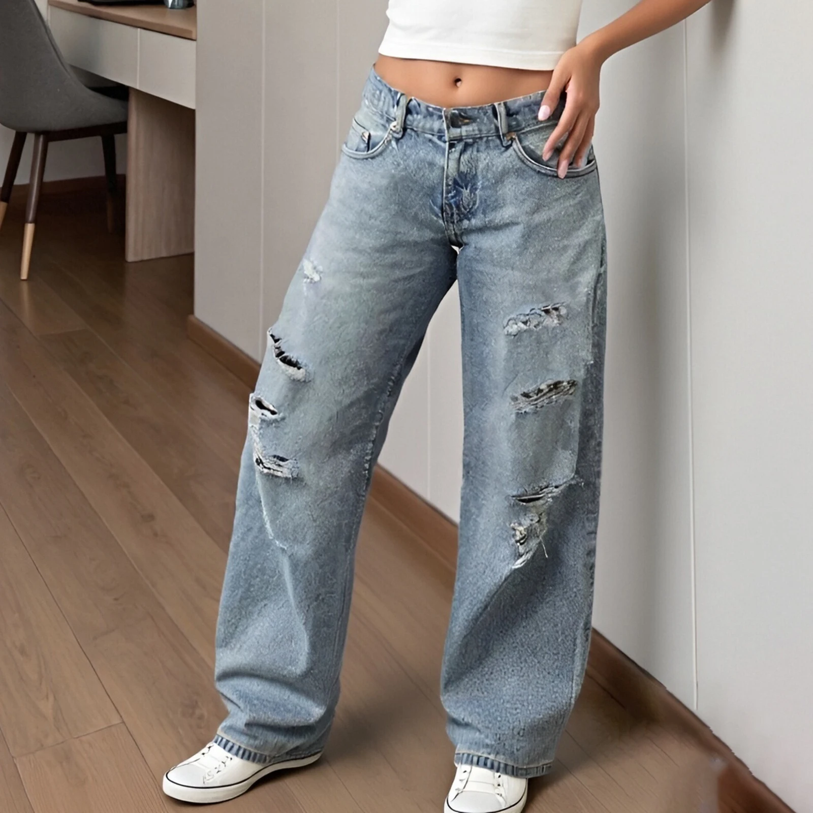 بنطلون جينز ممزق مجوف للنساء، بنطال جينز فضفاض سادة للإغلاق بسحاب للاستخدام اليومي الكاجوال